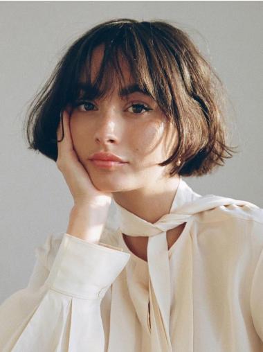 Straight Medium Hair With Bangs 10" Black Lace Front Chin Length Wigs