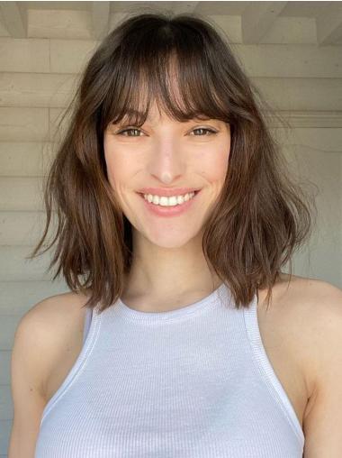 Straight Medium Hair With Bangs 14" Brown Lace Front Shoulder Length Wigs