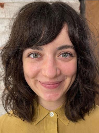 Medium Brown Wavy Wig Shoulder Length 14" With Bangs Remy Human Hair Monofilament Wigs