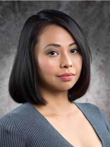 Medium Black Wig Lace Front Bobs Remy Human Hair Shoulder Length 14" Straight Wigs