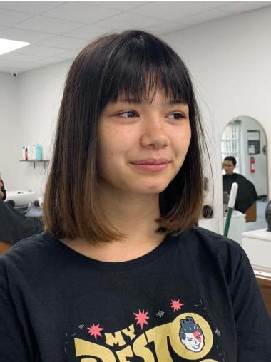 Straight Medium Hair With Bangs 14" Brown Monofilament Shoulder Length Wigs