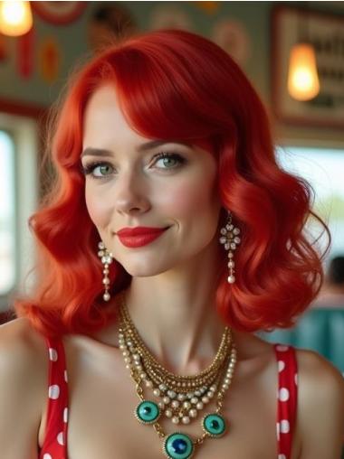 Lace Wig Medium Length Remy Human Hair Without Bangs 14" Monofilament Red Wigs