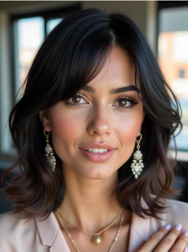 Medium Black Wig Lace Front Without Bangs Remy Human Hair Shoulder Length 14" Wavy Wigs