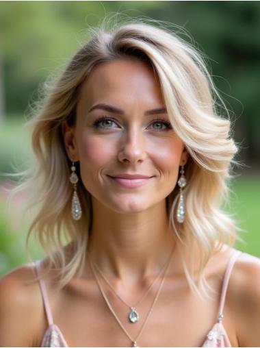 Layered Wigs Medium Length Blonde 14" Monofilament Synthetic Wavy Wigs