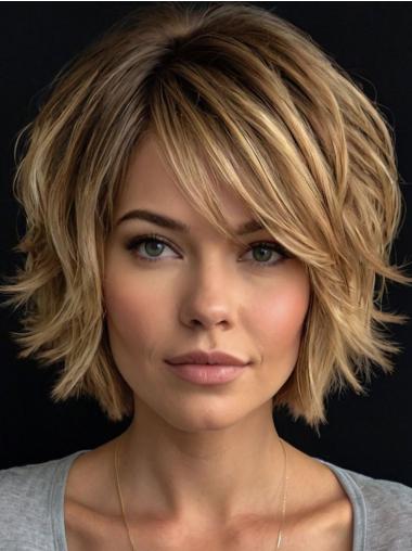 Layered Wigs Medium Length Blonde 10" Monofilament Remy Human Hair Wavy Wigs