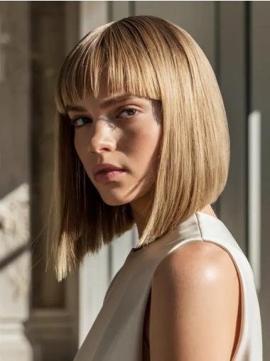 Medium Blonde Wig With Bangs Shoulder Length Synthetic Monofilament Straight 12" Wigs