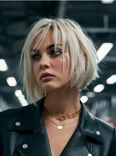 Lace Wig Medium Length Remy Human Hair Bobs 10" Monofilament Platinum Blonde Wigs