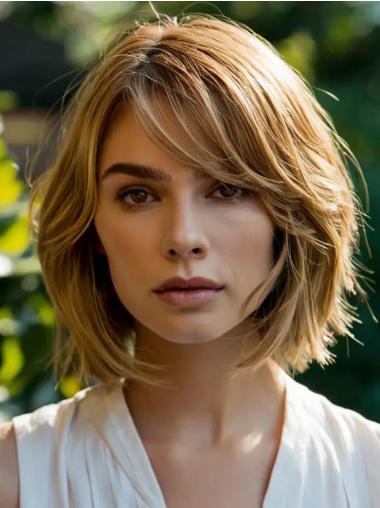 Lace Wig Medium Length Remy Human Hair Bobs 12" Monofilament Platinum Blonde Wigs