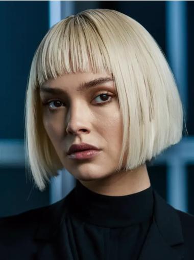 Lace Wig Medium Length Remy Human Hair With Bangs 10" Monofilament Platinum Blonde Wigs