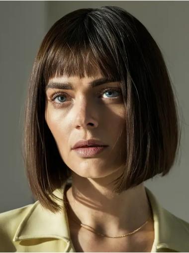 Medium Length Wigs For Women 10" With Bangs Brown Chin Length Straight Wigs