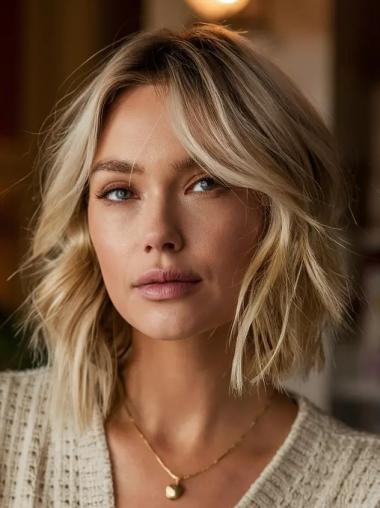 Medium Blonde Wavy Wig Monofilament Without Bangs 12" Shoulder Length Remy Human Hair Wigs