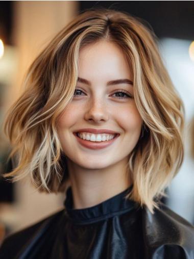 Medium Blonde Wavy Wig Lace Front Without Bangs 14" Shoulder Length Remy Human Hair Wigs