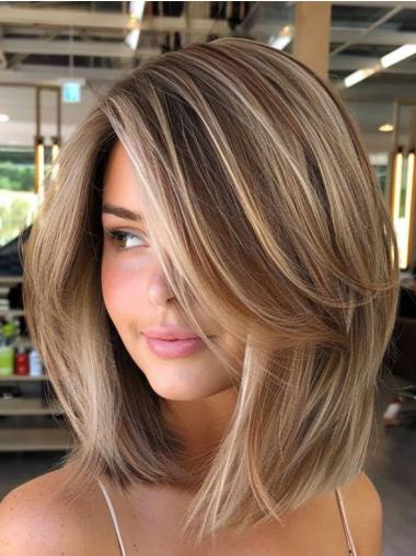 Medium Wigs For Women 14" Without Bangs Ombre/2 Tone Synthetic Straight Monofilament Wigs