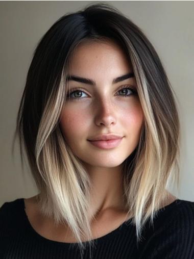 Medium Length Lace Front Wigs Straight Remy Human Hair 14" Without Bangs Ombre/2 Tone Wigs