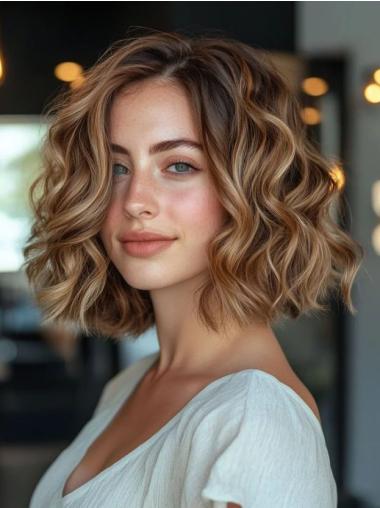 Curly Wigs Medium Length Remy Human Hair Bobs 12" Monofilament Ombre/2 Tone Wigs