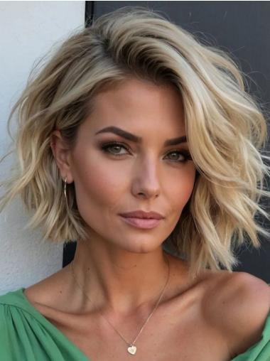 Blonde Medium Length Hair Wig Monofilament Bobs 10" Wavy Remy Human Hair Wigs