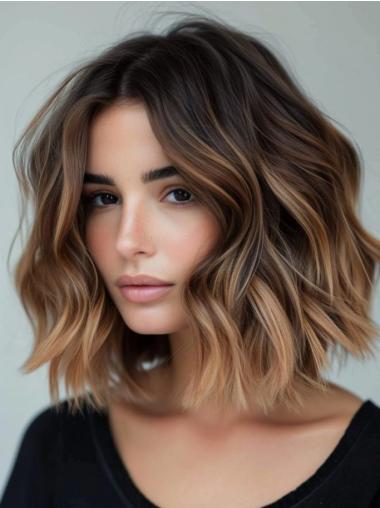 Medium Length Lace Front Wigs Wavy Remy Human Hair 14" Bobs Ombre/2 Tone Wigs