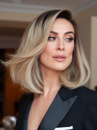 Blonde Medium Length Hair Wig Monofilament Bobs 14" Straight Remy Human Hair Wigs