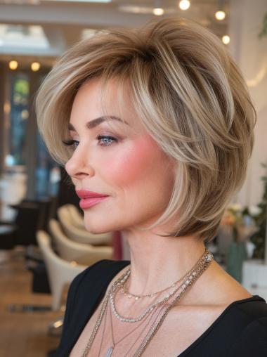 Blonde Medium Length Hair Wig Lace Front Bobs 12" Straight Remy Human Hair Wigs