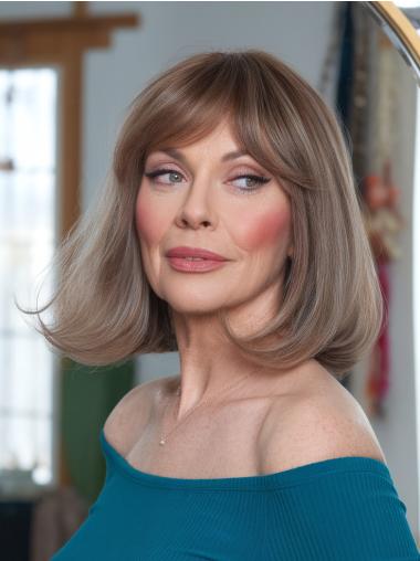 Medium Brown Wavy Wig Shoulder Length 14" With Bangs Synthetic Lace Front Wigs