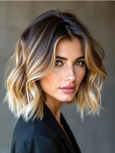 Medium Wigs For Women 14" Without Bangs Ombre/2 Tone Synthetic Wavy Lace Front Wigs