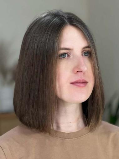 Medium Brown Wig Shoulder Length Lace Front Without Bangs Synthetic 14" Wigs