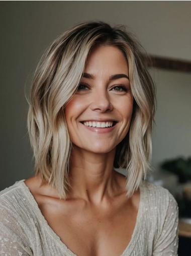 Medium Wigs For Ladies Wavy Shoulder Length Without Bangs 14" Platinum Blonde Lace Front Wigs