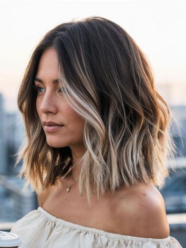 Medium Wigs For Ladies Wavy Shoulder Length Without Bangs 14" Ombre/2 Tone Lace Front Wigs