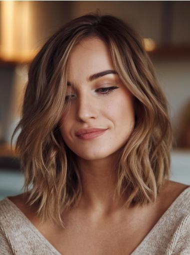 Medium Brown Wavy Wig Shoulder Length 14" Bobs Synthetic Lace Front Wigs