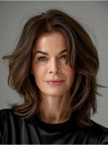 Medium Length Brown Wavy Wig Monofilament Synthetic 14" Without Bangs Wigs