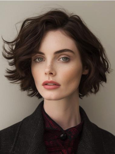 Medium Length Brown Wavy Wig Monofilament Synthetic 10" With Bangs Wigs