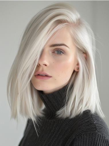 Medium Wigs For Ladies Straight Shoulder Length Without Bangs 14" Platinum Blonde Monofilament Wigs