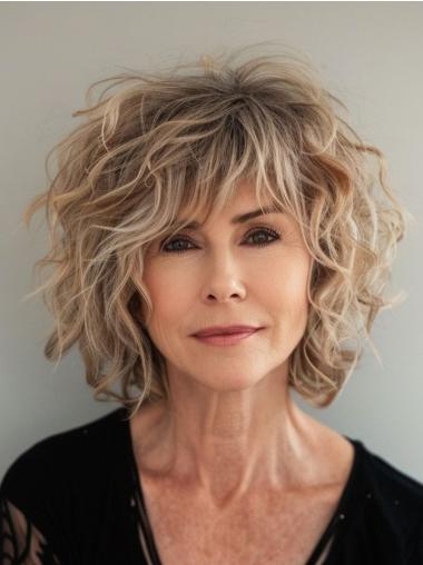 Curly Wigs Medium Length Remy Human Hair With Bangs 12" Lace Front Blonde Wigs