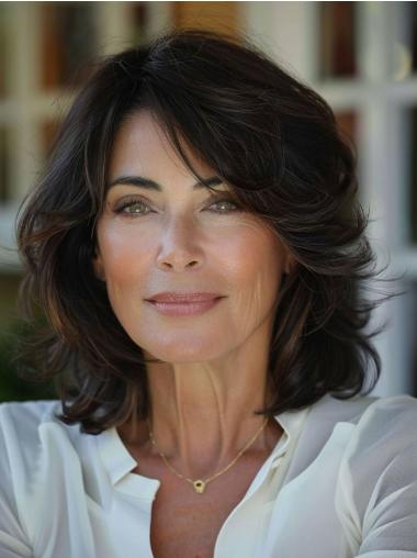 Wigs Medium Length Layered Monofilament 14" Black Synthetic Wavy Wigs