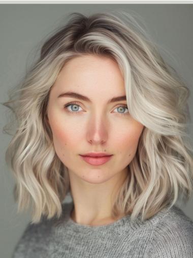 Medium Wigs For Ladies Wavy Shoulder Length Without Bangs 12" Platinum Blonde Monofilament Wigs