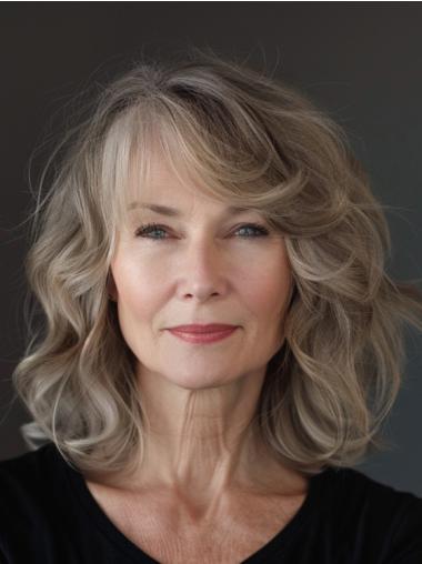 Medium Layered Wigs Remy Human Hair Monofilament Shoulder Length Wavy 14" Wigs