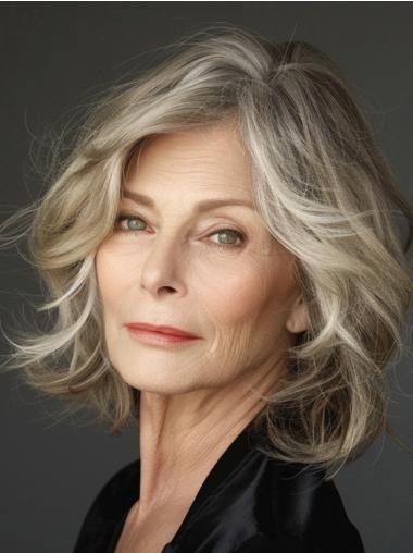 Wigs Medium Length Layered Lace Front 12" Grey Remy Human Hair Wavy Wigs