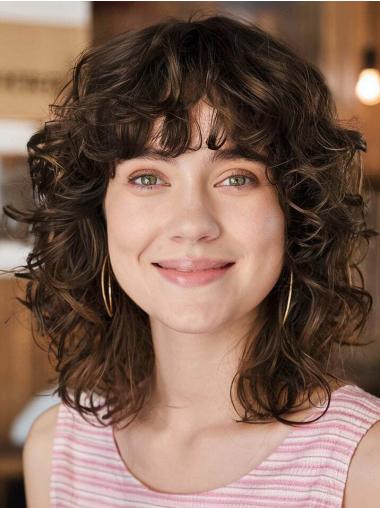 Medium Length Curly Wig Monofilament With Bangs Brown 14" Remy Human Hair Wigs