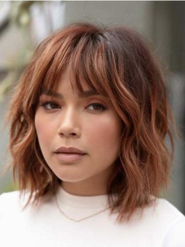 Medium Length Wigs For Women 14" With Bangs Auburn Shoulder Length Straight Wigs