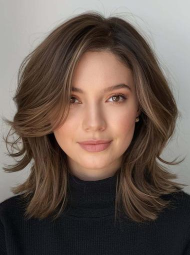 Straight Medium Hair With Layers Shoulder Length Brown 14" Monofilament Wigs