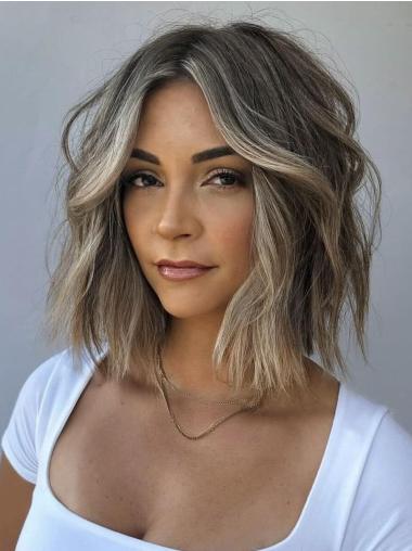 Medium Human Hair Wigs Ombre/2 Tone Without Bangs Straight 12" Monofilament Wigs