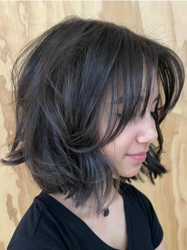 Straight Medium Hair With Layers Shoulder Length Black 12" Monofilament Wigs