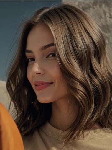 Medium Length Brown Wavy Wig Lace Front Remy Human Hair 14" Without Bangs Wigs