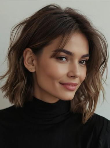 Medium Length Brown Wavy Wig Monofilament Synthetic 12" Bobs Wigs