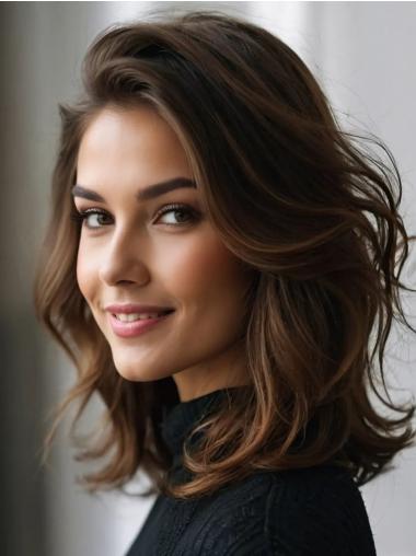 Medium Length Brown Wavy Wig Lace Front Synthetic 14" Layered Wigs