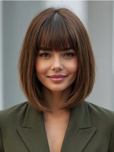 Medium Length Wig Styles Lace Front 14" With Bangs Synthetic Brown Wigs