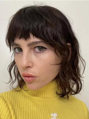Medium Black Wig Monofilament With Bangs Synthetic Shoulder Length 12" Wavy Wigs