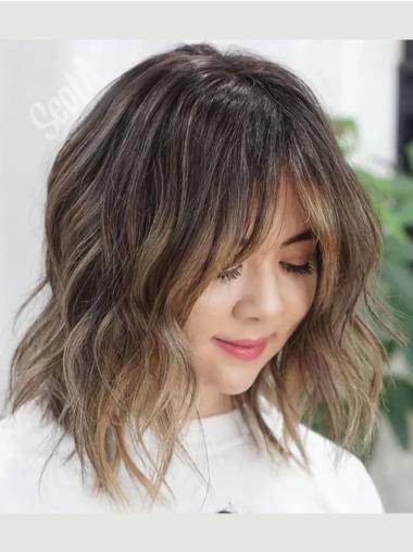 Medium Human Hair Wigs Ombre/2 Tone Bobs Wavy 14" Lace Front Wigs