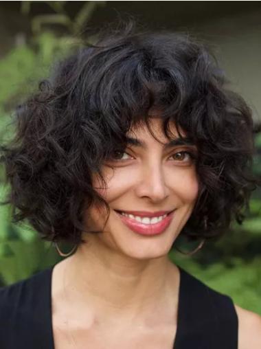 Black Medium Curly Wig Monofilament 10" Chin Length Remy Human Hair Bobs Wigs