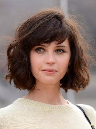 Medium Brown Wig With Bangs Remy Human Hair Lace Front Shoulder Length 12" Wavy Wigs